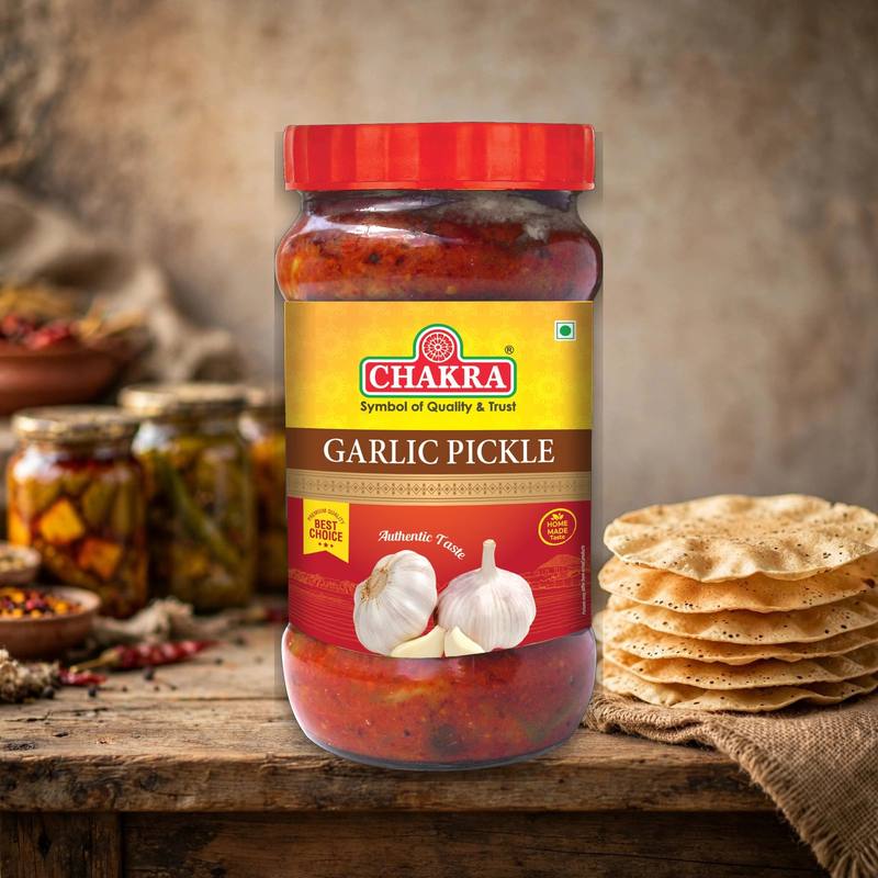Chakara Garlic Pickle jar on a warm lifestyle backdrop